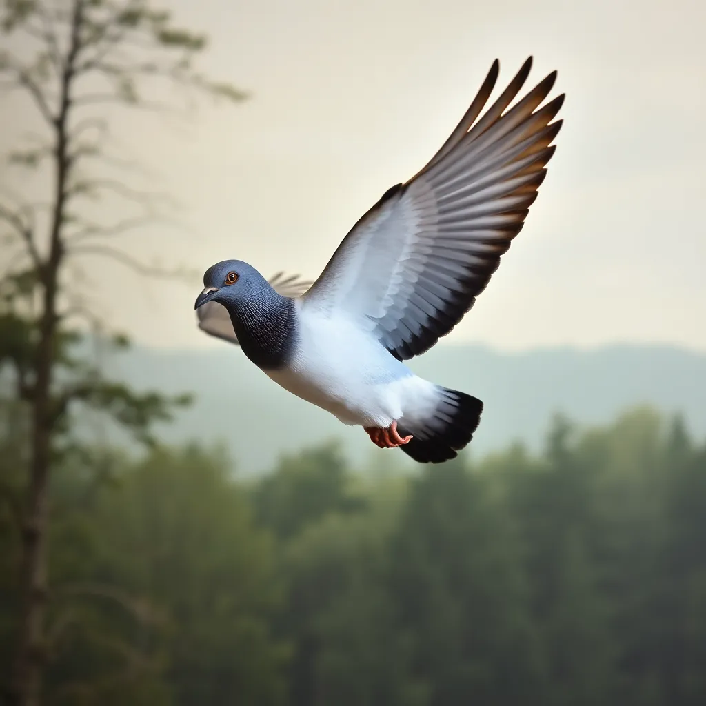 a taxidermied passenger pigeon, posed in flight, with a faded background image of a forest landscape