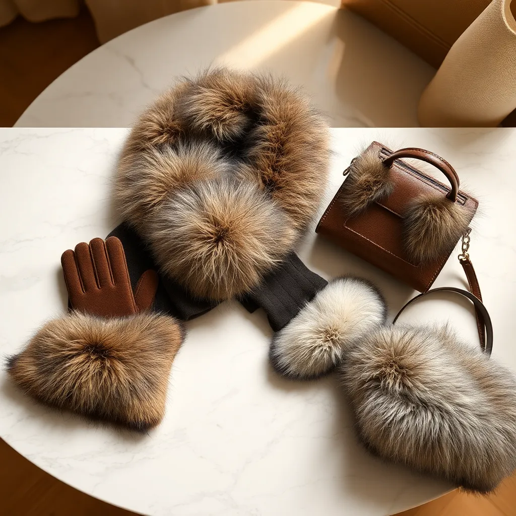 a still life of fur accessories, including a fur-trimmed scarf, fur-lined gloves, and a fur-trimmed handbag, arranged on a marble table with a soft, warm light