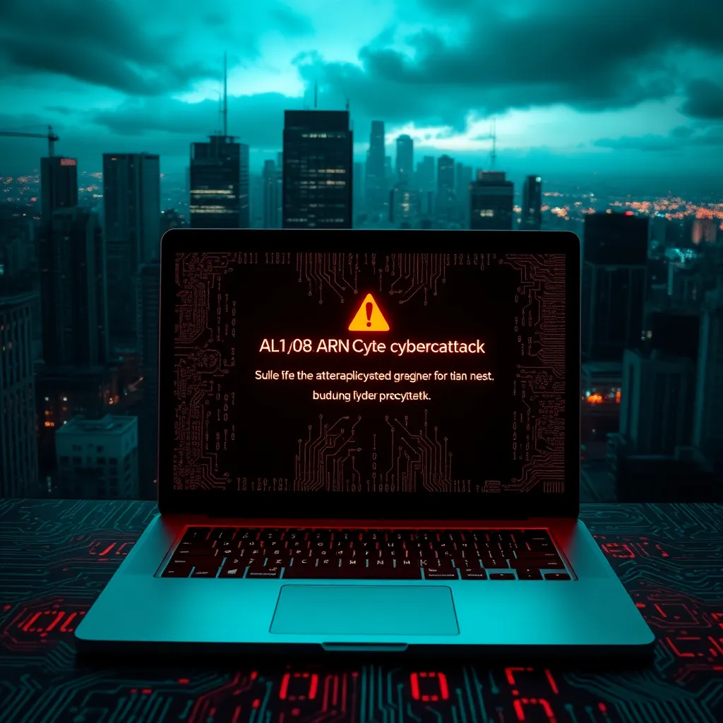 a darkened cityscape with a bright, glowing laptop screen displaying a warning message about a potential cyberattack, surrounded by binary code and circuit board patterns