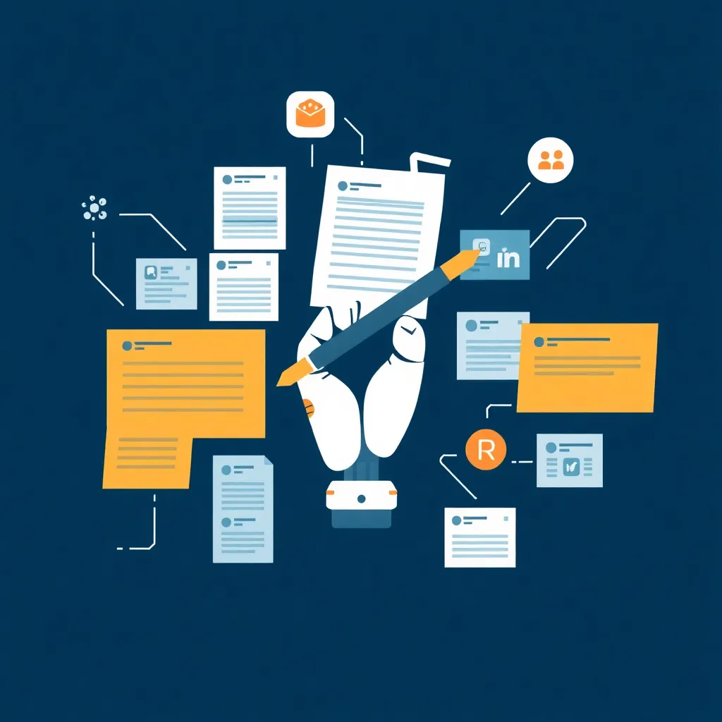 a graphic representation of AI-generated content, with a robotic arm holding a pen, surrounded by various content formats such as blog posts, social media posts, and product reviews