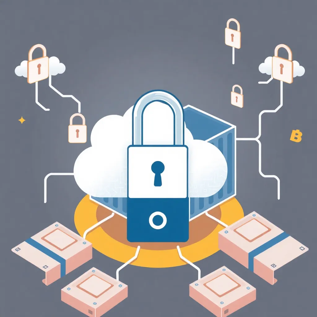 a stylized illustration of a padlock securing a cloud storage container, surrounded by encrypted data streams and backup tapes