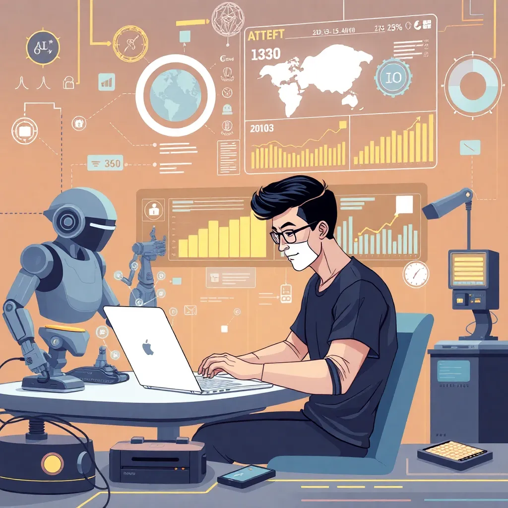 a futuristic illustration of a startup founder working on a laptop with AI-generated data visualizations and charts in the background, surrounded by robots and futuristic gadgets