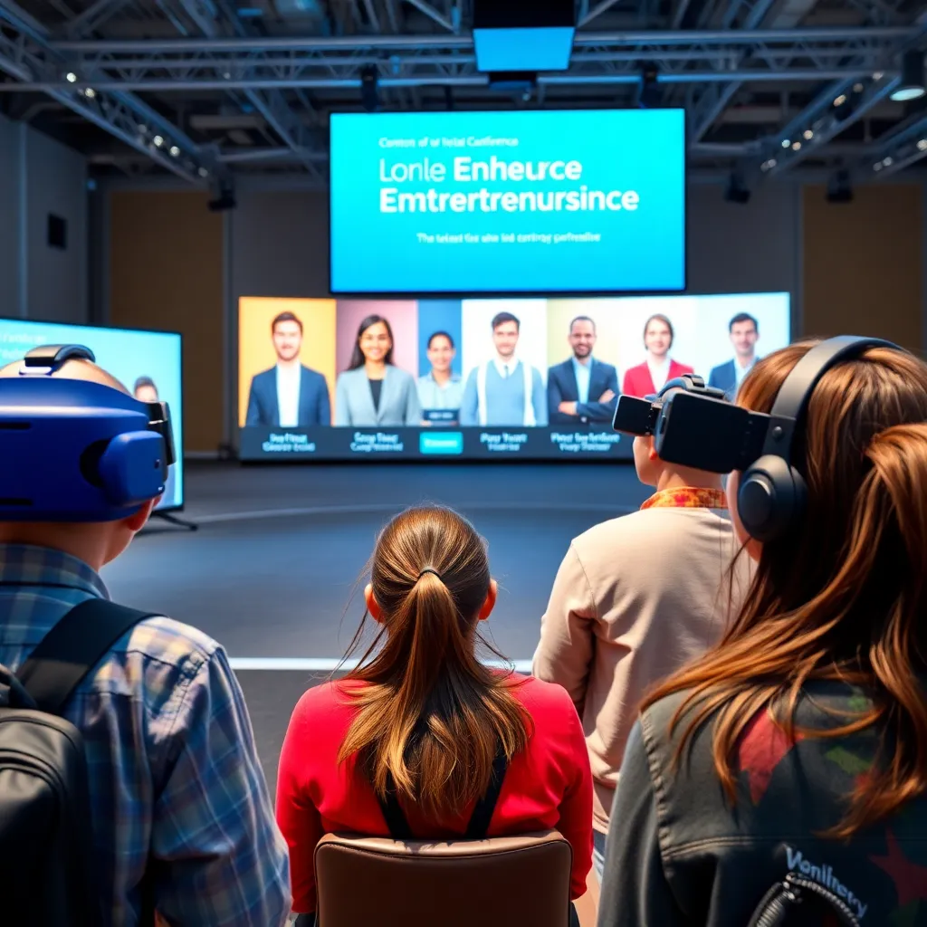 a virtual reality scene showing a group of students attending a virtual entrepreneurship conference, with avatars of industry experts and mentors in the background