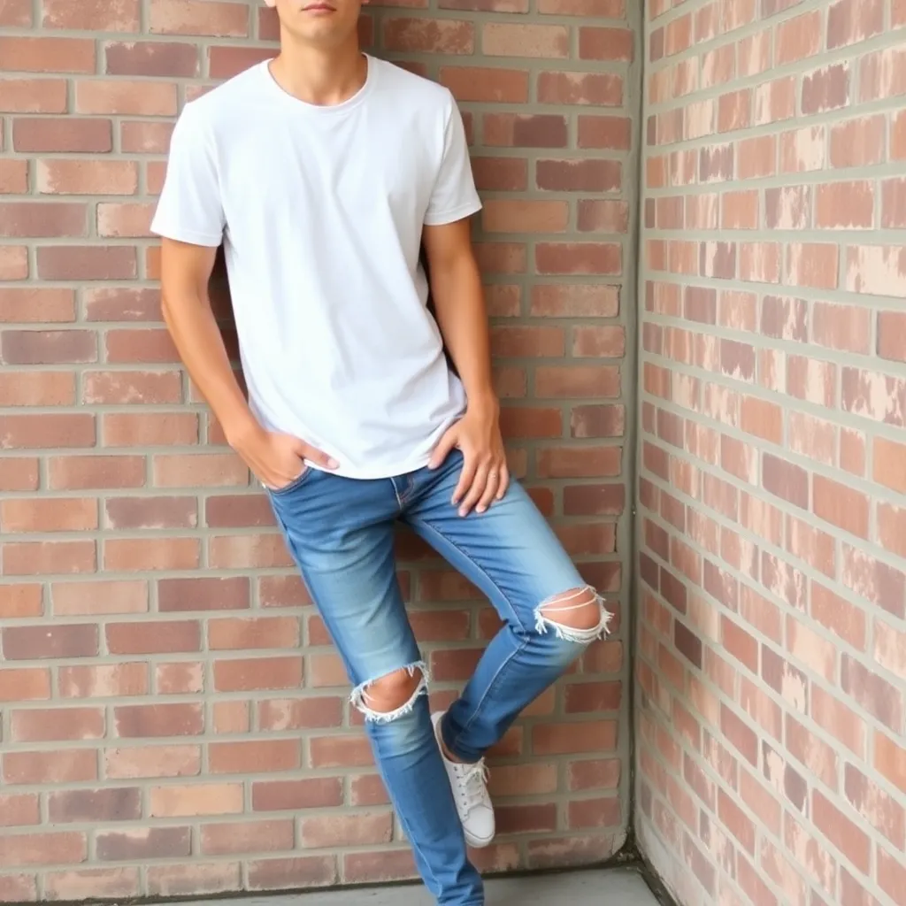 a person wearing a plain white T-shirt, distressed denim jeans, and sneakers, leaning against a brick wall with a casual, relaxed pose