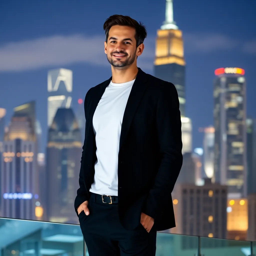 a man wearing a white t-shirt, black blazer, and dark trousers, standing in front of a city skyline at night, with a subtle smile
