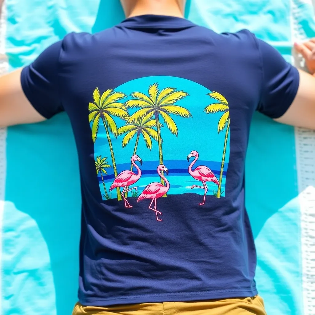 a graphic t-shirt with a colorful illustration of palm trees and flamingos against a bright blue background, worn by a person lounging on a beach towel