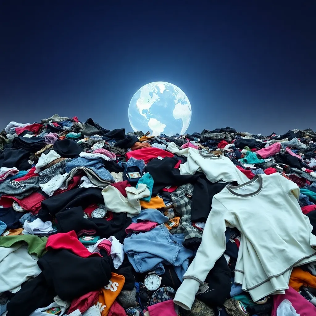 a pile of discarded clothes in a landfill, with a faint image of the Earth in the background, symbolizing the environmental impact of fast fashion
