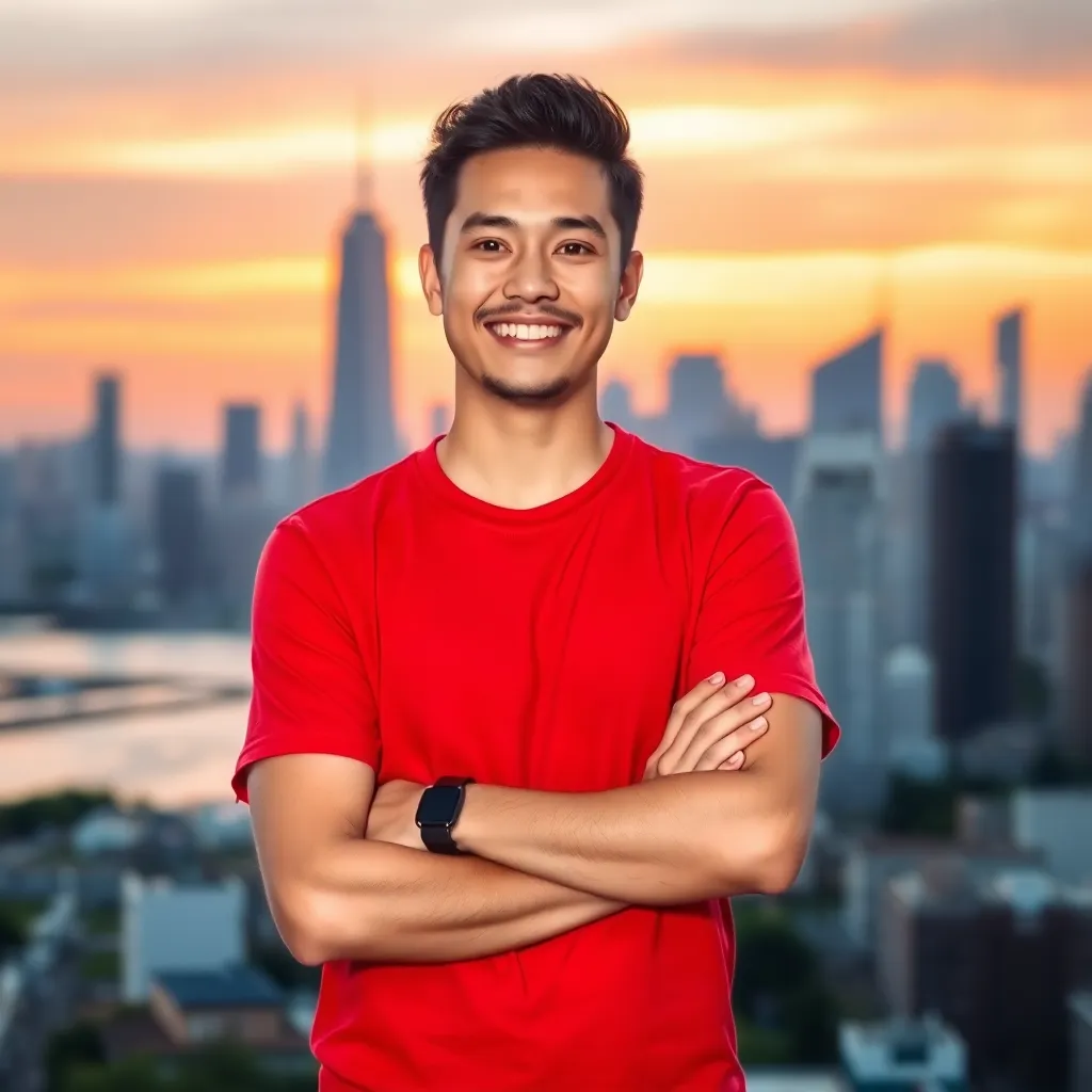 a person wearing a bright red T-shirt, standing confidently in front of a city skyline at sunset, with arms crossed and a smile