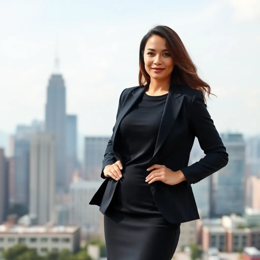 a person wearing a plain black T-shirt, a fitted blazer, and a pencil skirt, standing in front of a city skyline with a confident, professional pose