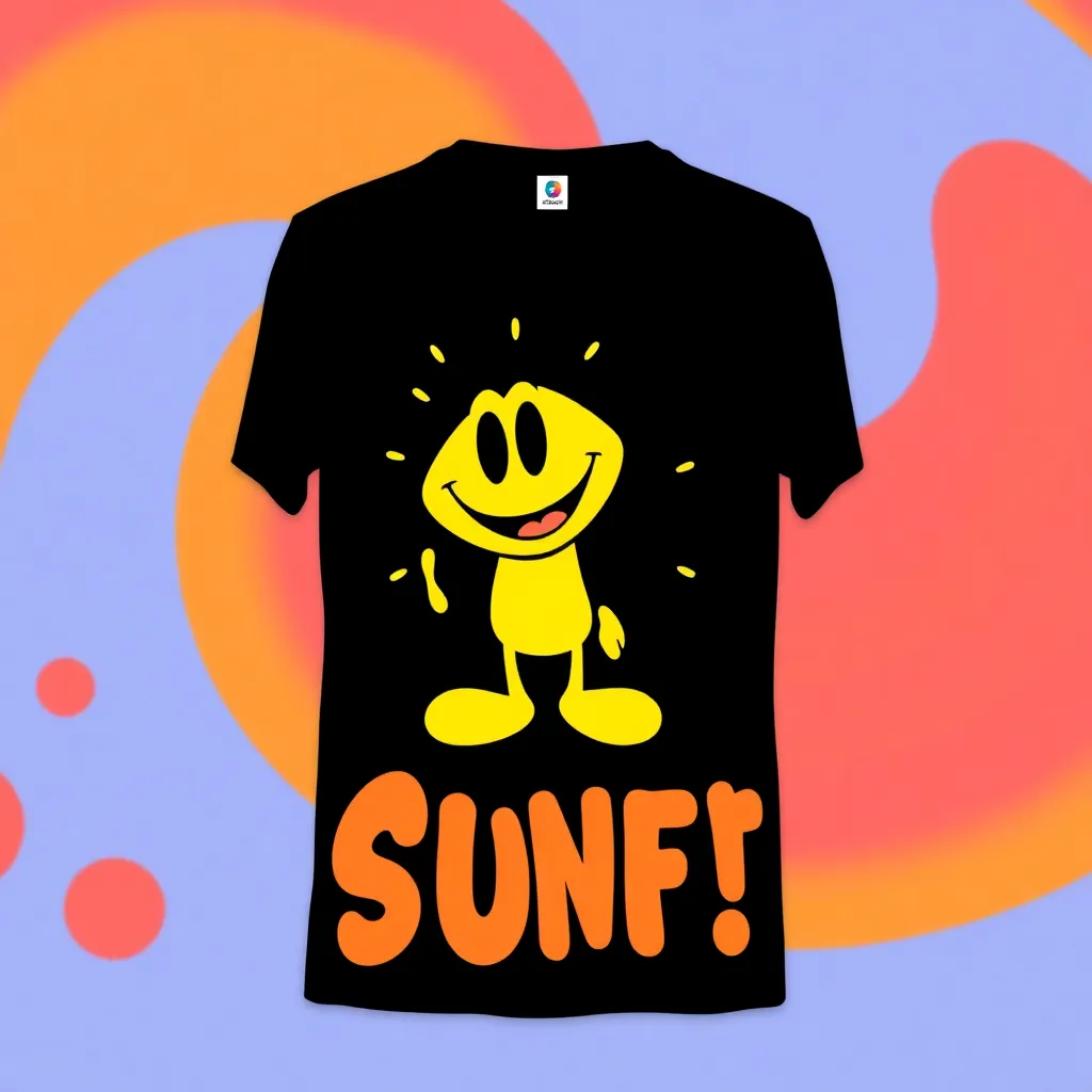 a T-shirt with a bold, colorful graphic of a cartoon character or a fun phrase, against a bright and playful background