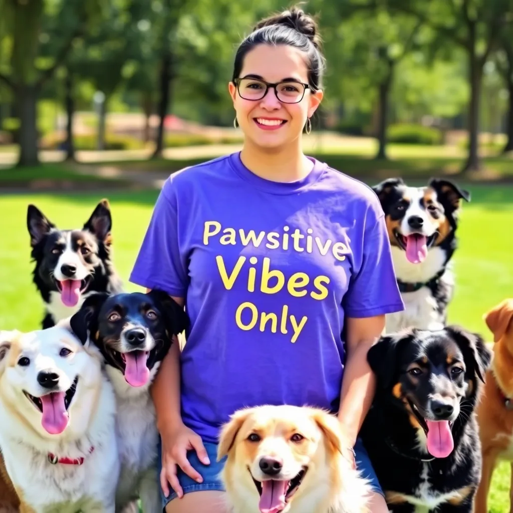 a person wearing the 'Pawsitive Vibes Only' t-shirt, surrounded by happy dogs of different breeds, in a bright, sunny park