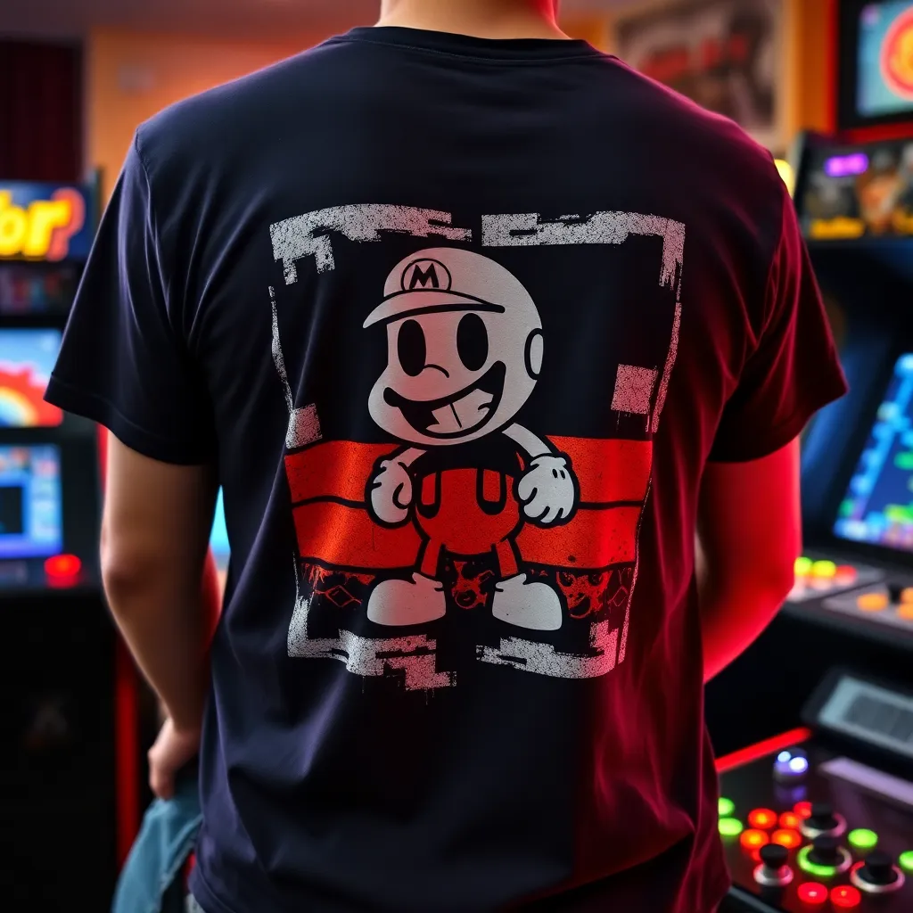 a graphic t-shirt with a distressed print of a classic video game character, worn by a person playing a retro arcade game
