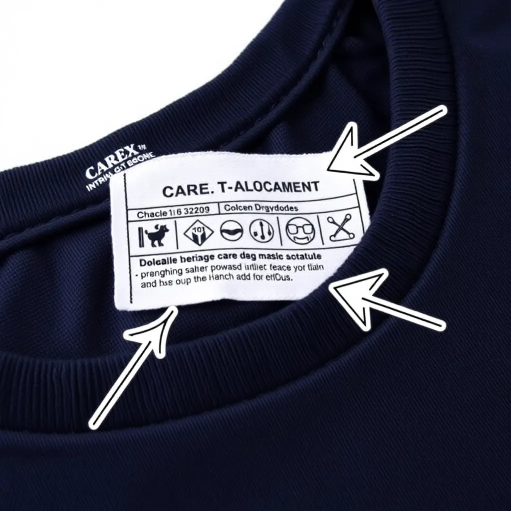 a close-up shot of a care label on a t-shirt, with arrows pointing to the different symbols and instructions