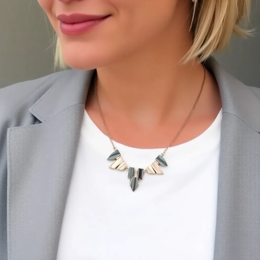 a close-up of a person's upper body, wearing a plain T-shirt, a blazer, and a statement necklace, with a subtle smile