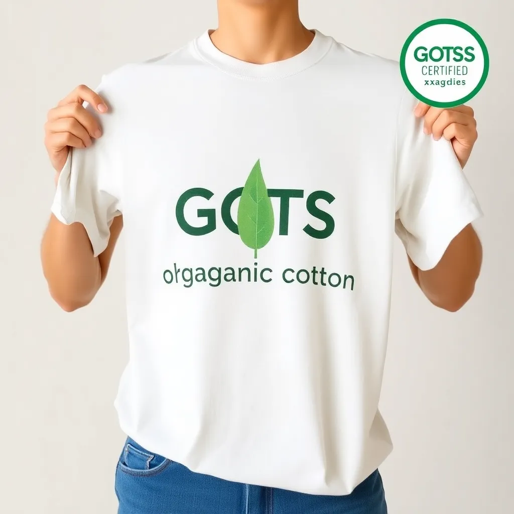 a person holding a GOTS-certified organic cotton t-shirt, with a green leaf pattern and a subtle earthy tone, symbolizing eco-friendliness