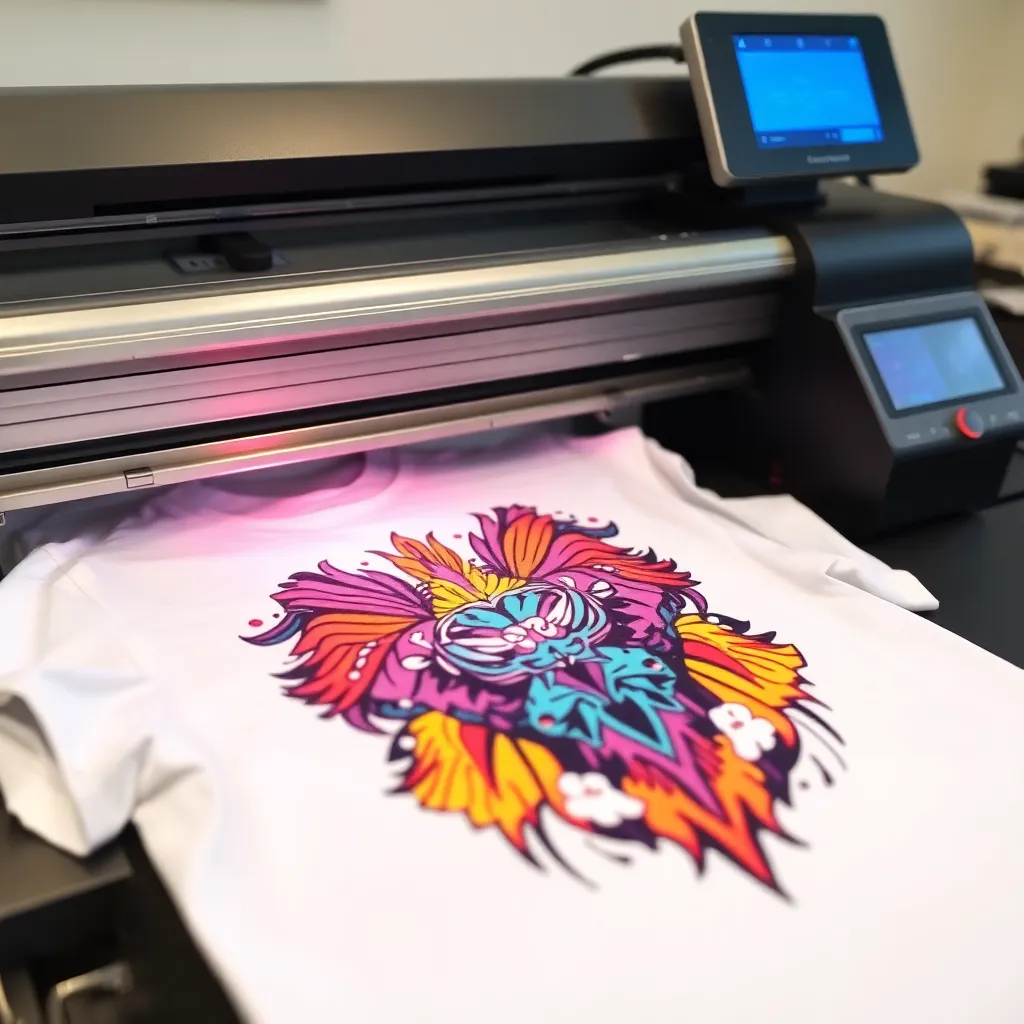 a photo of a direct-to-garment printer in action, printing a vibrant design onto a white t-shirt
