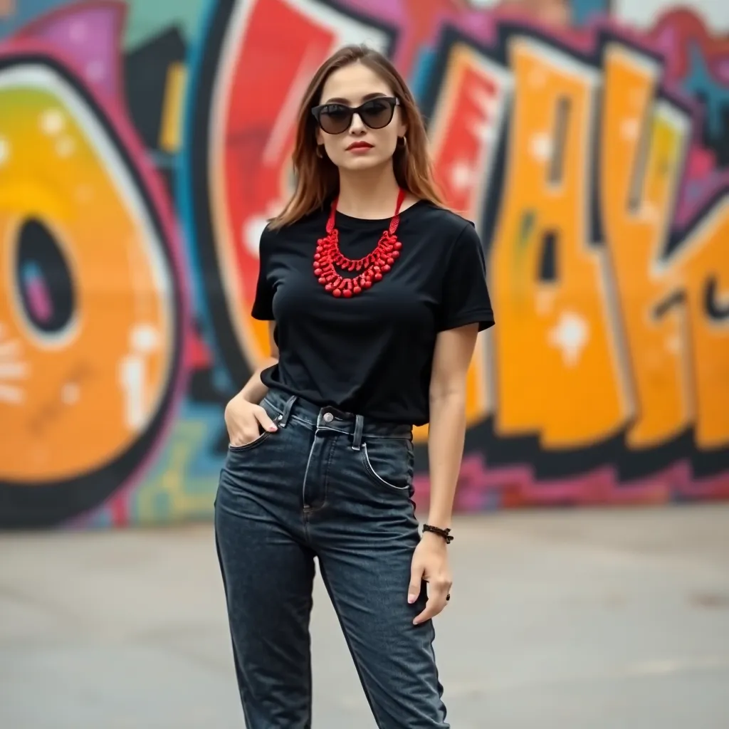 a woman wearing a black t-shirt, high-waisted jeans, and sneakers, with a bold red necklace and oversized sunglasses, posing in front of a colorful street art mural