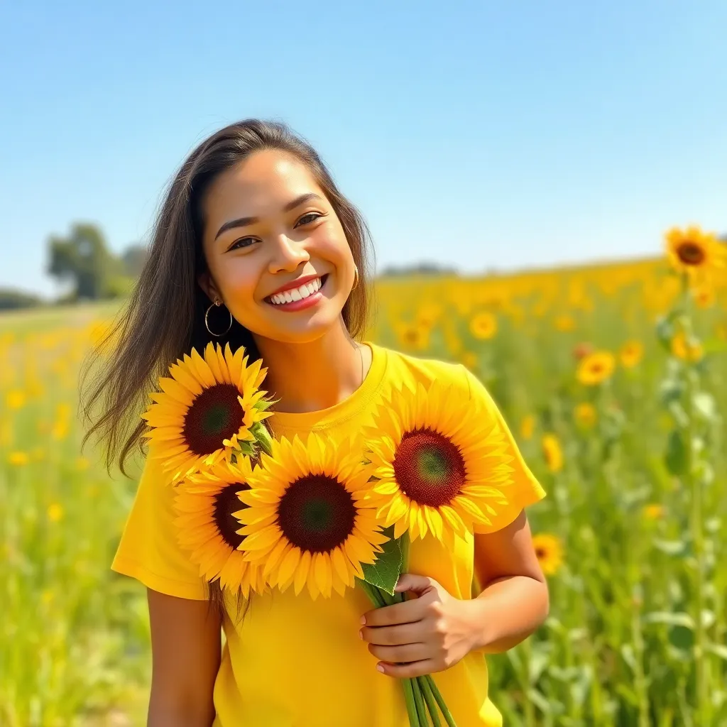 a person wearing a bright yellow T-shirt, smiling and holding a bouquet of sunflowers in a sunny meadow