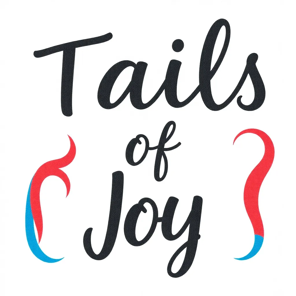 a close-up of the 'Tails of Joy' t-shirt design, showcasing colorful, swishing dog tails on a white background