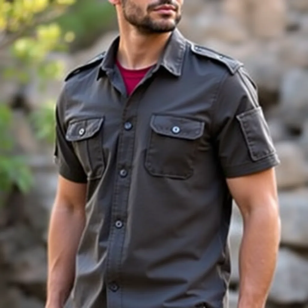 a utility-inspired T-shirt with multiple pockets and epaulets, worn by a model in a casual, outdoor setting