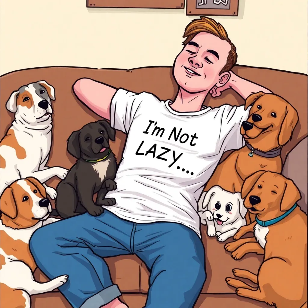 a person lounging on a couch, surrounded by dogs, wearing the 'I'm Not Lazy...' t-shirt, with a humorous, cartoonish atmosphere