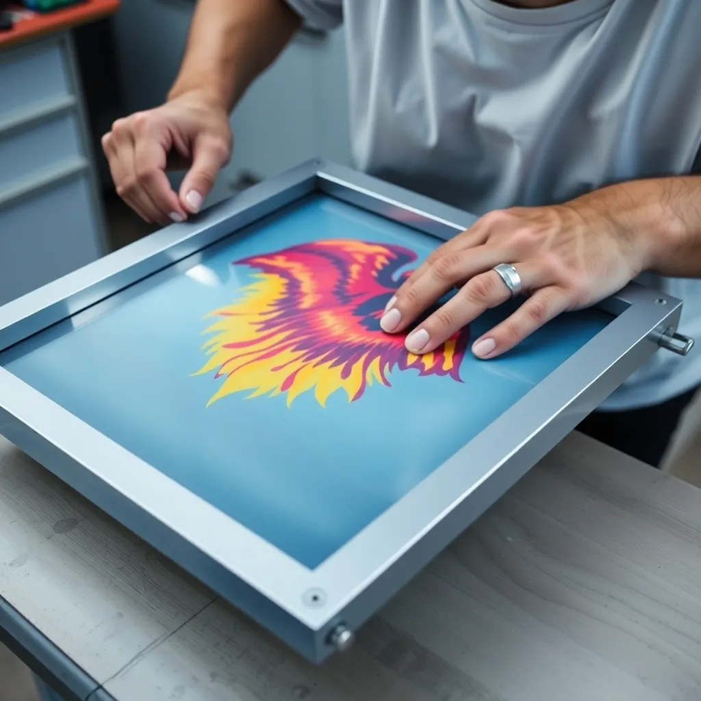 a close-up of a screen printer's hands carefully placing a screen on a cotton t-shirt, with a bright, colorful design visible on the screen