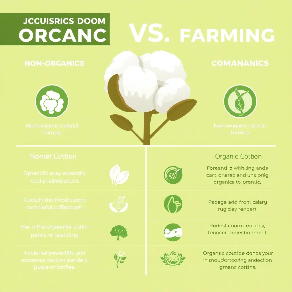 a comparison infographic highlighting the differences between non-organic and organic cotton farming practices, with icons and colors to distinguish between the two