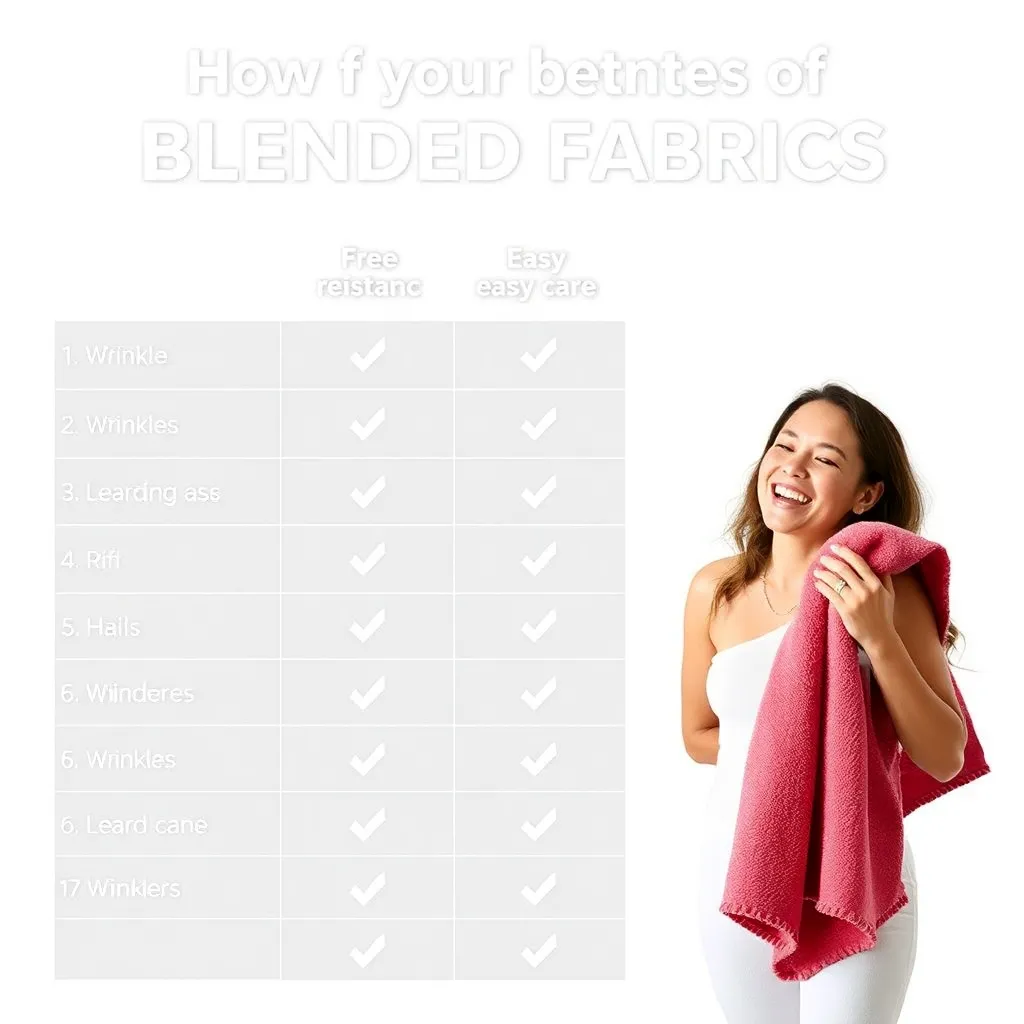 a comparison chart showing the benefits of blended fabrics, such as wrinkle-resistance and easy care, alongside a picture of a person happily holding a blended fabric towel