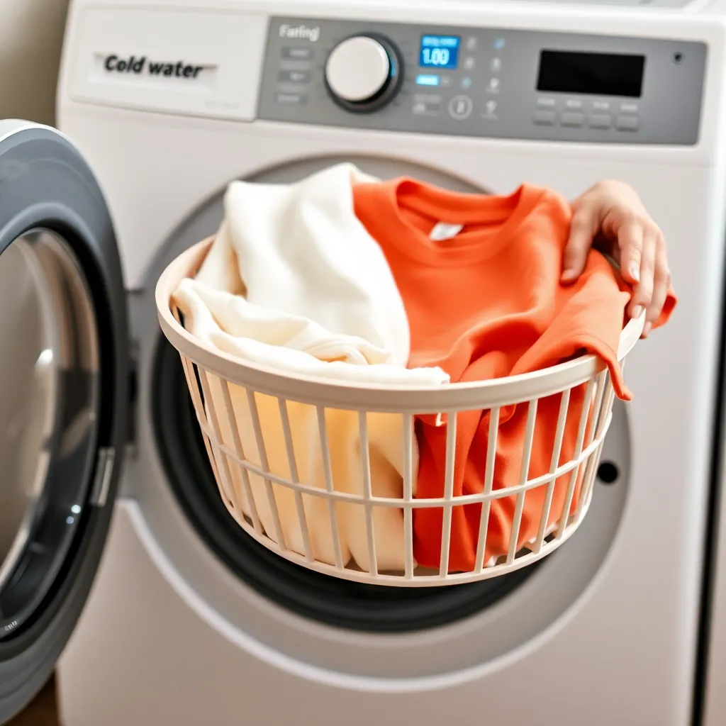 a person holding a laundry basket with a few cotton t-shirts, in front of a washing machine with a 'cold water' setting