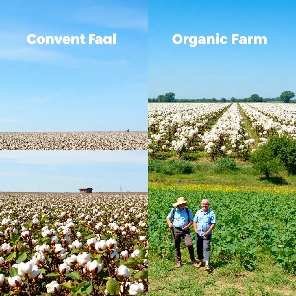 a split-screen image comparing a conventional cotton farm with pesticides and a organic cotton farm with happy farmers and a green landscape