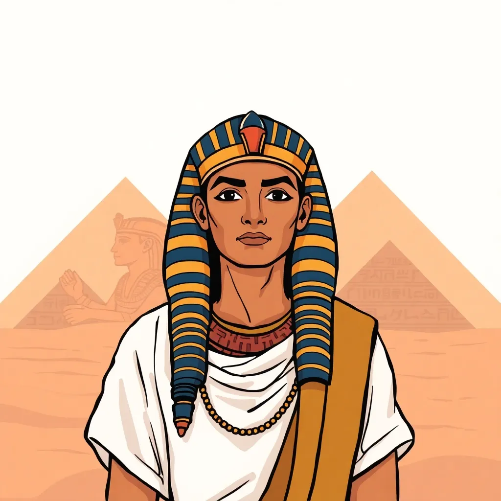 an illustration of an ancient Egyptian wearing a cotton tunic, with hieroglyphics and pyramids in the background, in a warm, earthy color palette