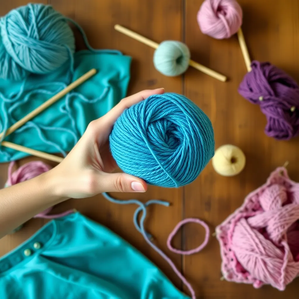 a person holding a ball of t-shirt yarn, surrounded by knitting needles and half-finished projects, on a wooden table