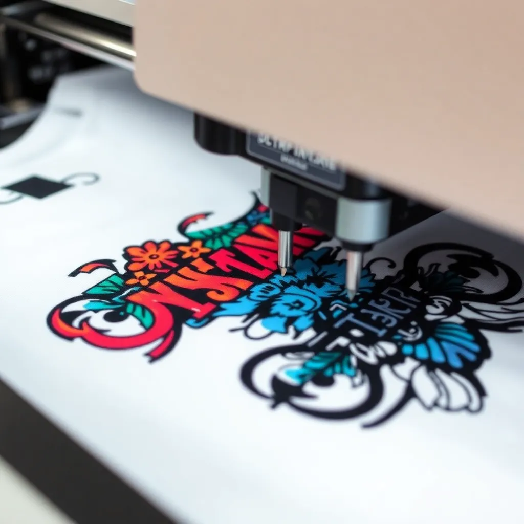 a DTG printer in action, printing a vibrant, detailed design onto a white cotton t-shirt, with a close-up of the printer's nozzle depositing ink onto the fabric