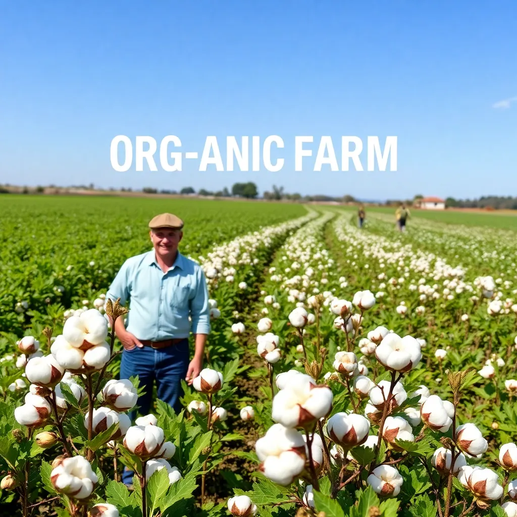 an image of an organic cotton farm, showcasing lush green fields, happy farmers, and a clear blue sky