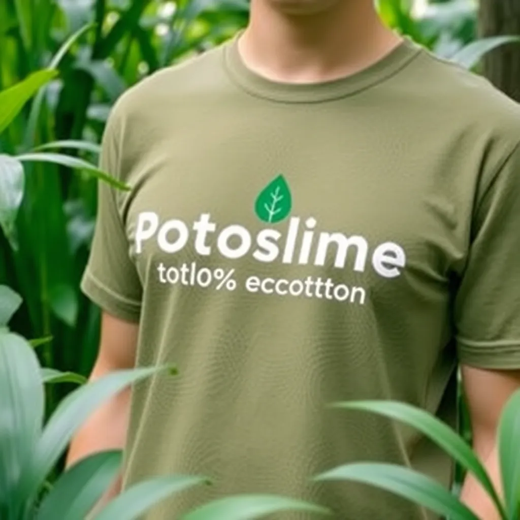 a photo of a person wearing a Potoslime 100% cotton t-shirt, surrounded by lush greenery, conveying a sense of eco-friendliness and harmony with nature