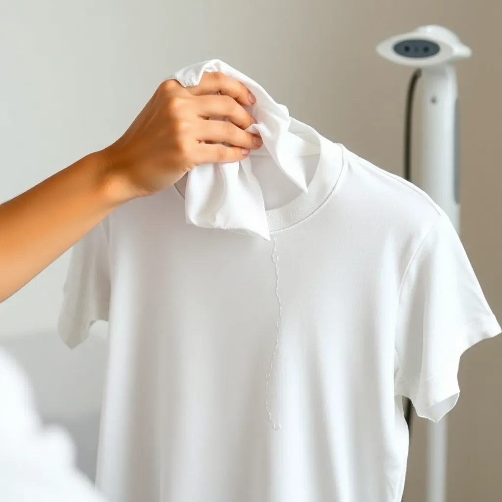 a person gently removing excess water from a cotton t-shirt, with a steamer in the background