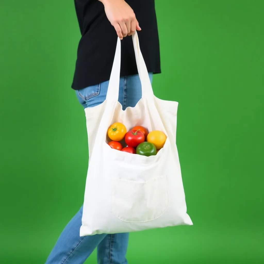 a person holding a repurposed cotton t-shirt bag, with fruits and vegetables spilling out, against a green background