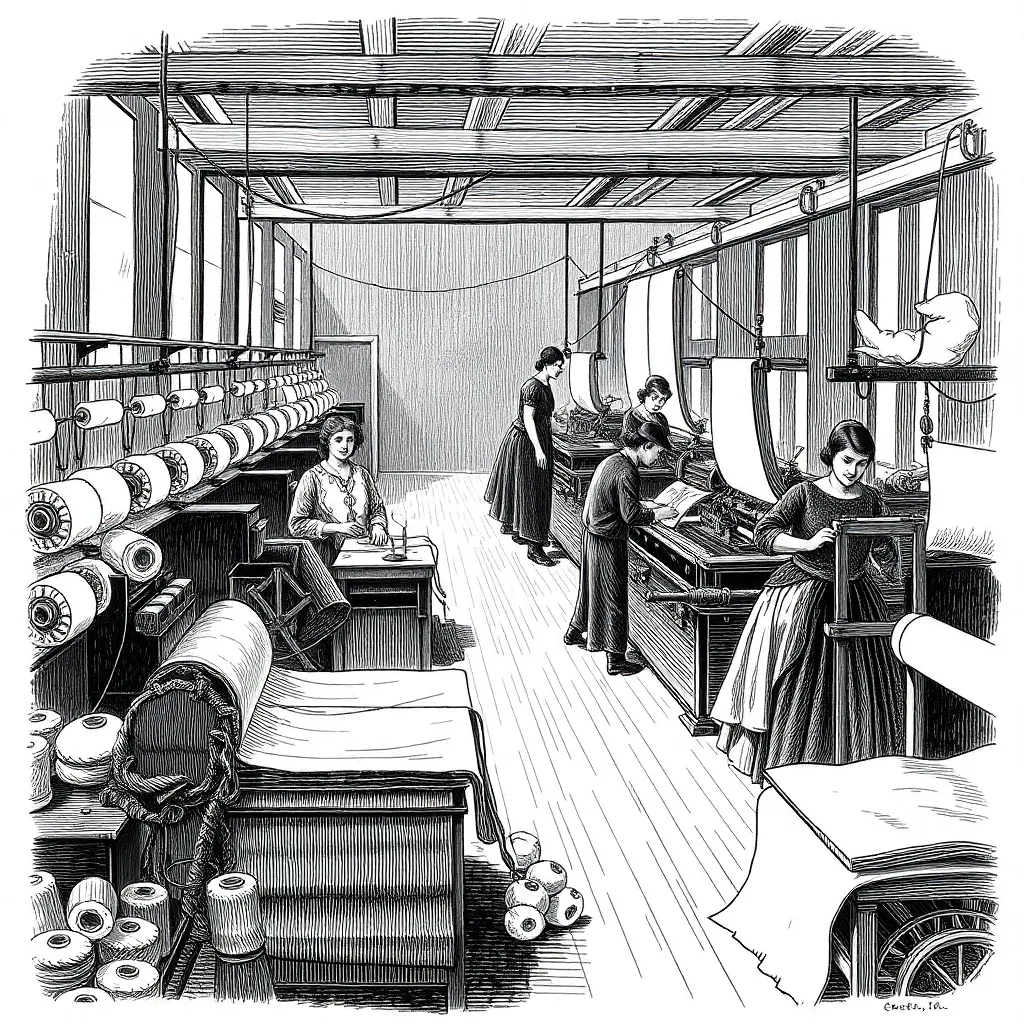 an illustration of a 19th-century factory with workers operating textile machines, surrounded by spools of cotton thread and rolls of fabric