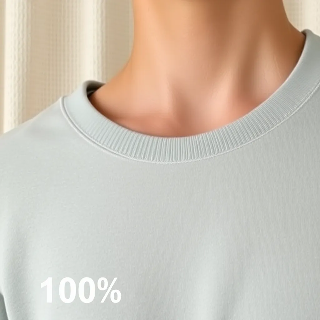 a close-up of a person holding a 100% cotton t-shirt, with the threads visible, and a subtle background texture resembling a fabric weave