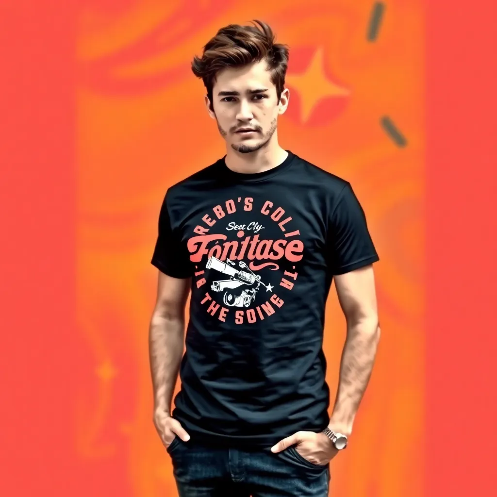 a photograph of a person wearing a vintage-style t-shirt with a bold graphic print, set against a bright, colorful background