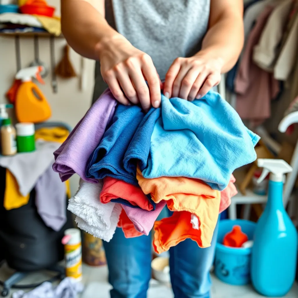 a person holding a bunch of t-shirt cleaning rags, with a messy background and cleaning supplies scattered around