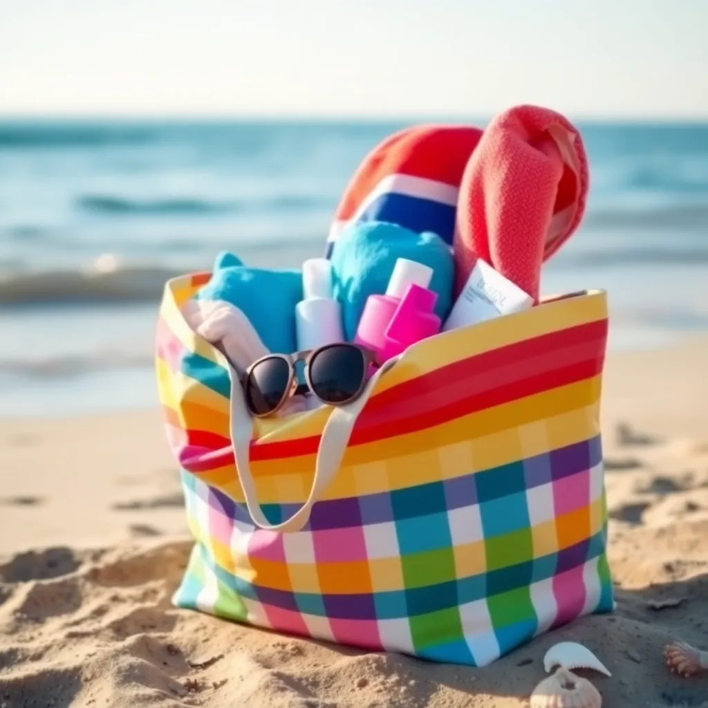 a colorful, striped tote bag filled with beach towels, sunglasses, and sunscreen, placed on a sandy beach with a few seashells scattered around