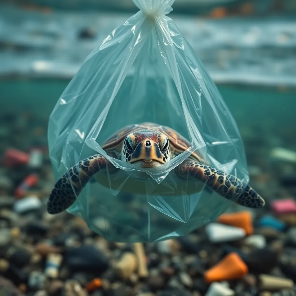 a dramatic image of a sea turtle trapped in a plastic bag, with a blurred background of ocean pollution