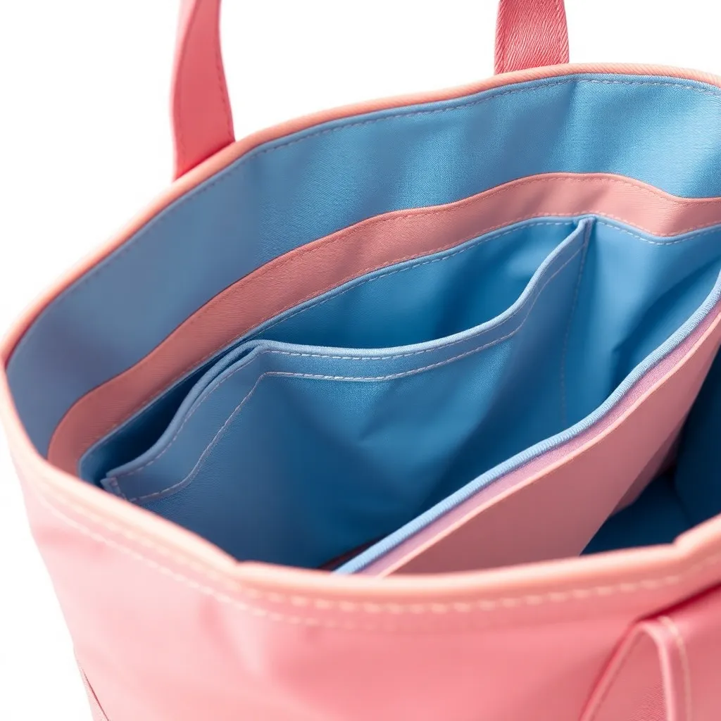 a close-up shot of a tote bag's interior, showcasing multiple pockets and compartments in a bright, pastel-colored fabric
