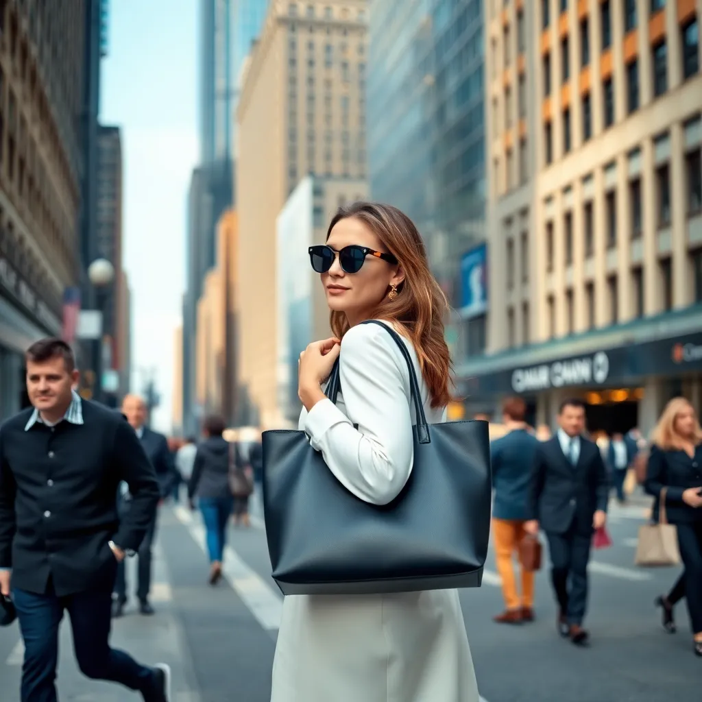 a stylish woman walking down a busy city street, carrying a sleek, black tote bag with a subtle logo, amidst a blurred background of skyscrapers and pedestrians
