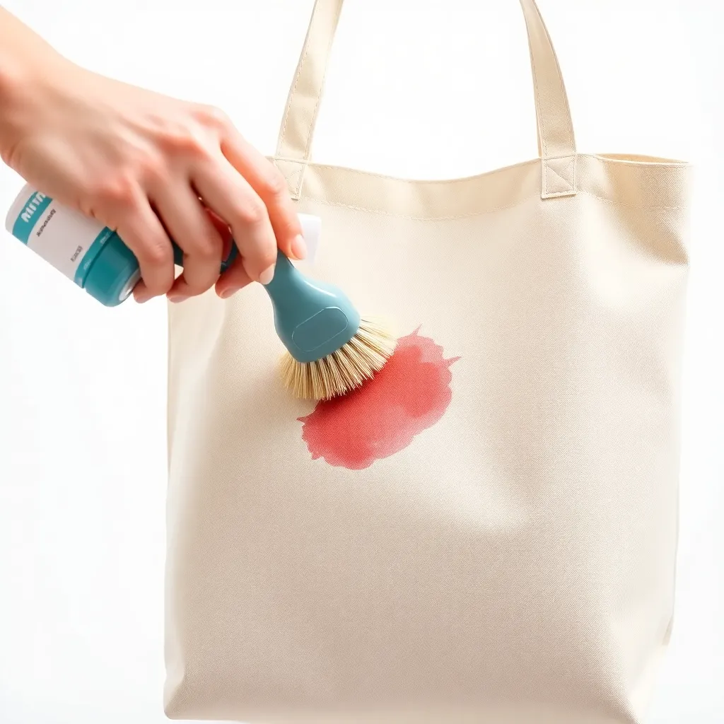 a person gently scrubbing a stain on a tote bag with a soft-bristled brush and mild detergent, on a clean white background