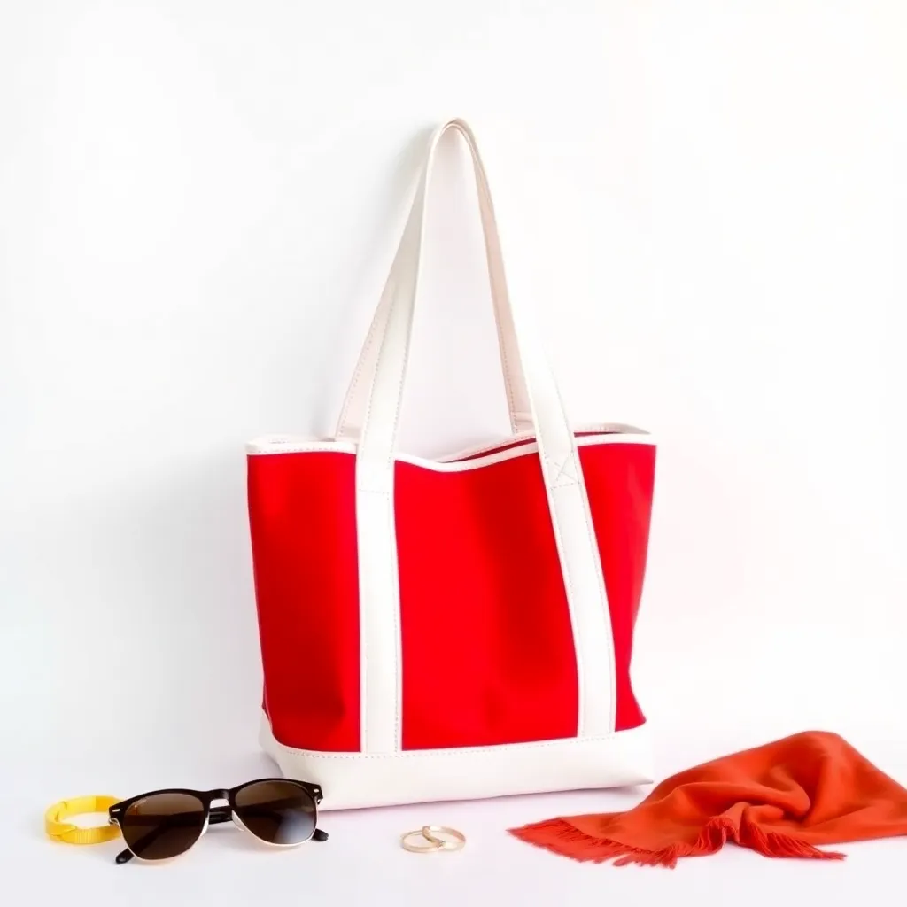 a bright red tote bag with white accents, placed against a clean white background, with a few bold, colorful accessories nearby