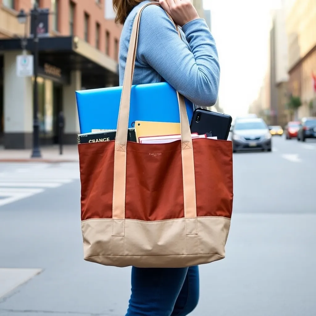 a person holding a large tote bag filled with a laptop, books, and other daily essentials, standing in front of a city street