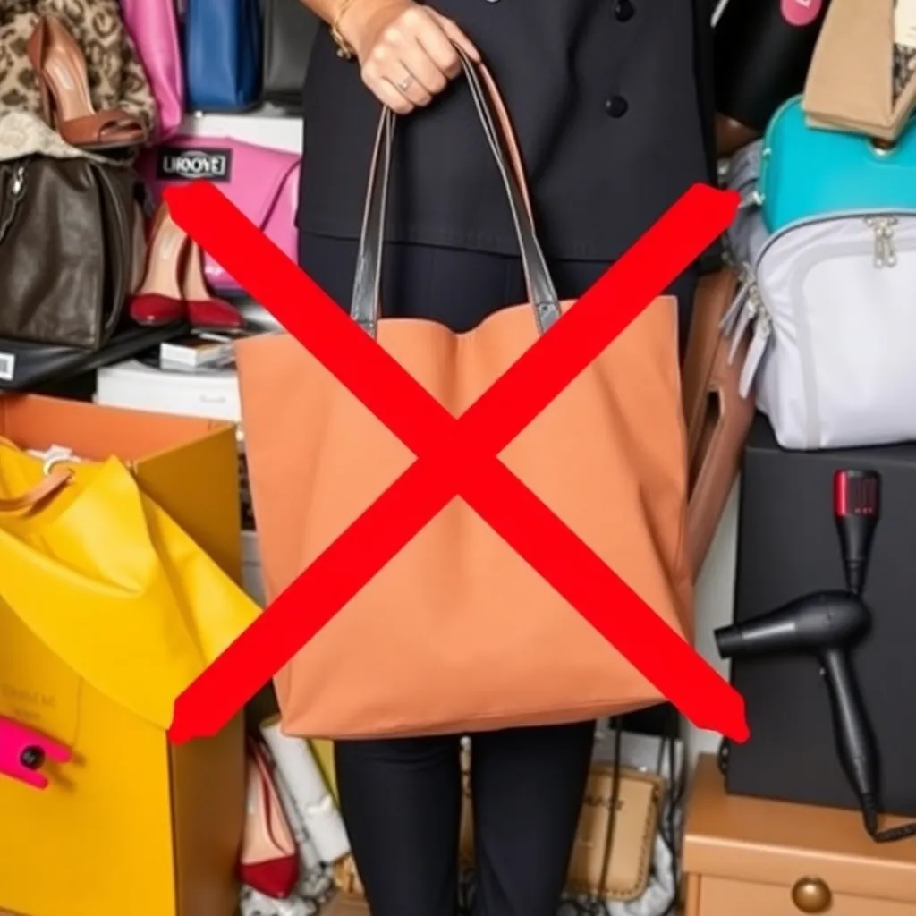 a person holding a tote bag, surrounded by various items, with a red 'X' marked through unnecessary items like high heels and a hair dryer