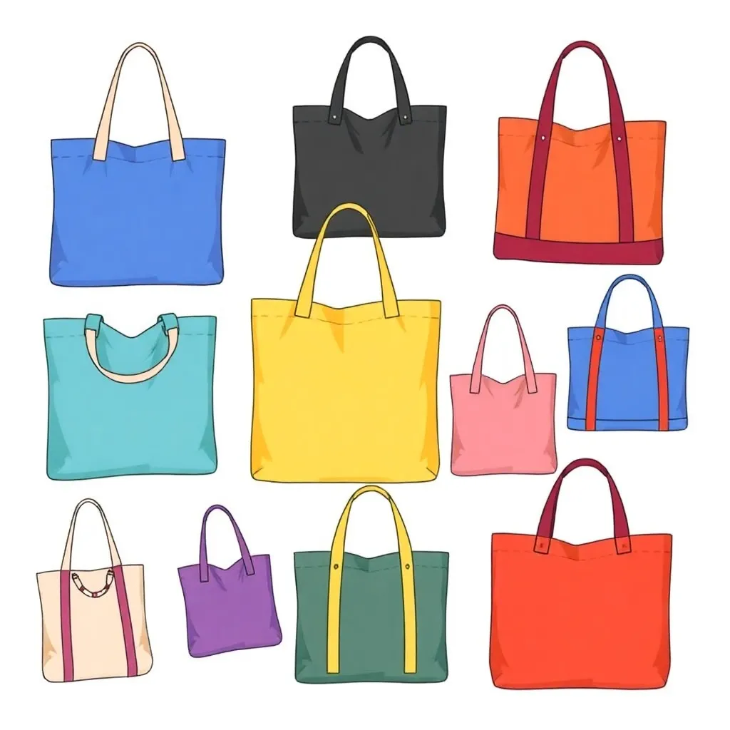 a colorful illustration of different types of tote bags, showcasing various materials, sizes, and designs